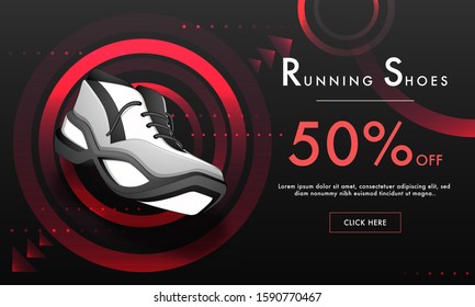 Advertising web banner design with 50% discount offer on brown abstract background for Running Shoes.