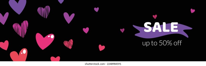 Advertising web banner for Valentine's Day. Discount, sale, promo code. Hearts on a dark background. Sale up to 50% off
