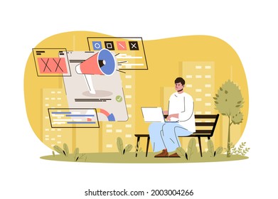 Advertising web character concept. Ad campaign in social networks, successful online communication, user advertisement, isolated scene with person. Vector illustration with people in flat design