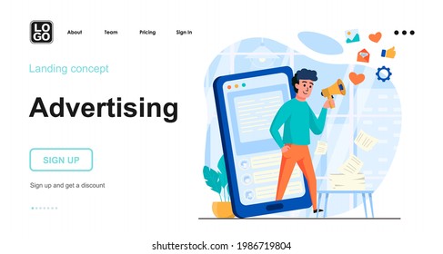 Advertising web concept. Man makes ad campaign, attracting new customers, promoting at mobile apps. Template of people scenes. Vector illustration with character activities in flat design for website