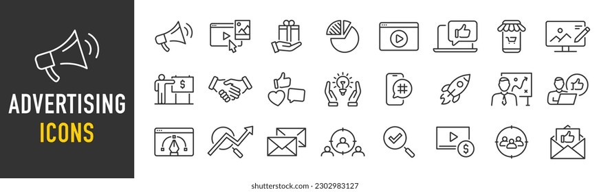 Advertising web icons in line style. Marketing, seo, feedback, analysis, social media, collection. Vector illustration.