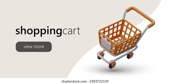 Advertising web page for online store with orange cartoon shopping cart. Promotion banner for supermarket with button view more. Vector illustration in warm colors