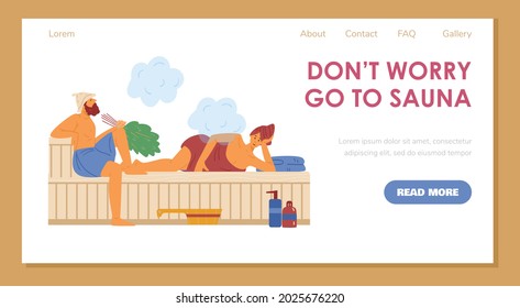 Advertising web page or presentation slide for sauna, flat vector illustration. Banner of relax and wellness procedures in sauna or steam bath for website.