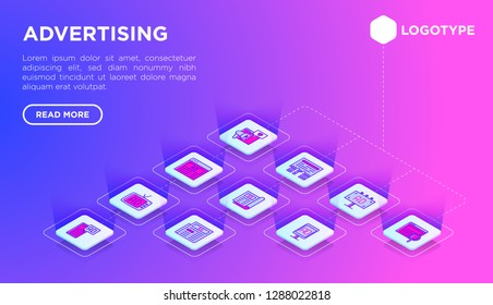 Advertising web page template with thin line isometric icons: billboard, street ads, newspaper, magazine, product promotion, email, GEO targeting, social media. Vector illustration.