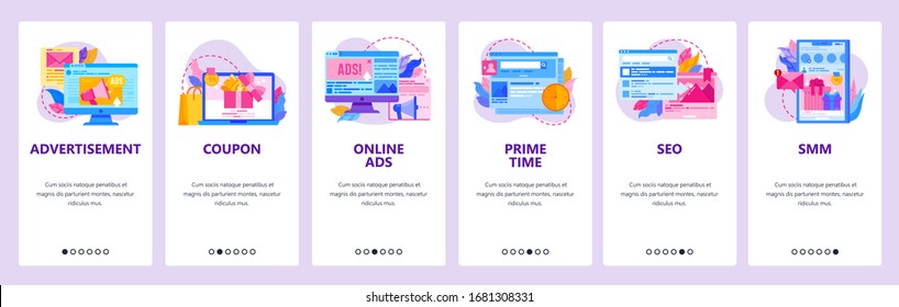 Advertising web site and mobile app onboarding screens. Menu banner vector template for website and application development with blue abstract shapes. Smm, seo, coupon, online advertising campaign.