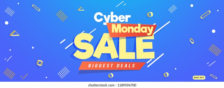 Advertising website banner design decorated with abstract elements on shiny blue background for Cyber Monday Sale.