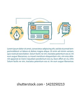 Advertising and website design article page vector template. Brochure, magazine, booklet design element with linear icons and text boxes. Print design. Concept illustrations with text space 