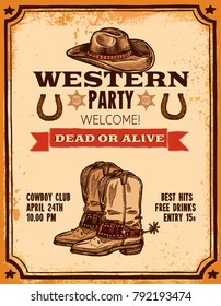 Advertising of western party with hat two pistols cowboy boots and title hand drawn poster vector illustration Advertising of western party with hat two pistols cowboy boots and title hand drawn poster vector illustration