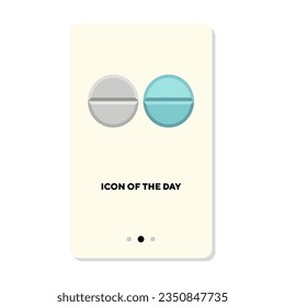 Advertising of white and blue pills flat icon. Vertical sign or vector illustration of tablets, painkillers or drugs. Medicine, medication, pharmacy, illness concept for web design and apps