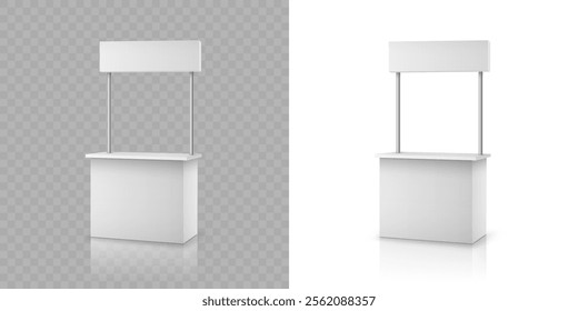 Advertising white booth stand isolated on transparent background. Realistic blank stall, rack or counter. Vector 3d promotional desk with signboard top, empty promo table, portable kiosk