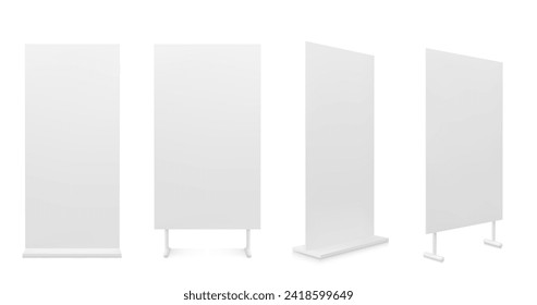 Advertising white empty information booth stand board. Realistic vector illustration set of blank portable vertical roll up info promo banner mockup for ad and product presentation on exhibition.