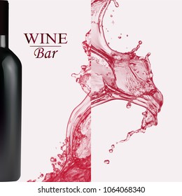 Advertising wine bar page,wine presentation brochure. Illustration of a dark bottle of red wine in photorealistic style. A realistic object on stylish background with splashes of wine and text .Vector