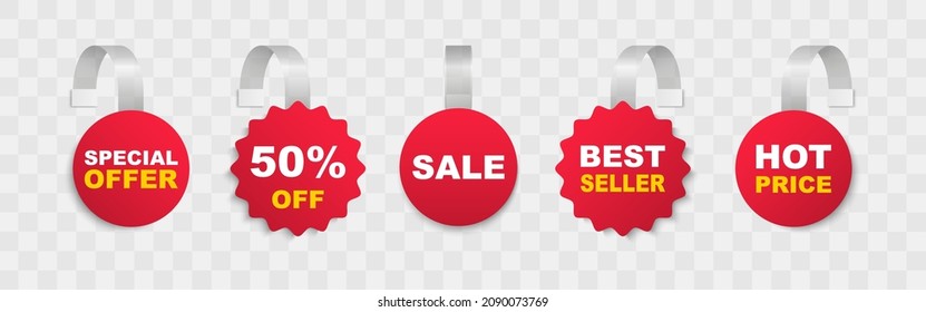 Advertising wobbler labels. Realistic wobblers for sale with discount sale and special offer. Supermarket shelf price labels or sales point tag. Discount plastic tags for promotion.