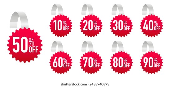 Advertising wobbler labels. Realistic wobblers for sale with discount sale and special offer price tag. Discount 10, 20, 30, 40, 50, 60, 70, 80, 90 percent sale label symbols. Vector illustration