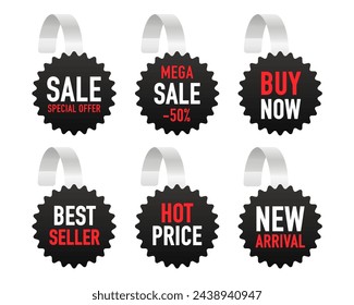 Advertising wobbler labels. Realistic wobblers for sale with discount sale and special offer price tag. Supermarket promotional wobblers isolated on white background. Vector illustration