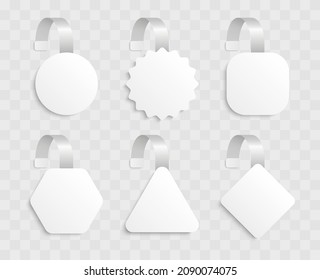 Advertising wobbler labels. White wobblers template. Supermarket shelf price label or sales point tag. Empty 3d promotional tags. Discount plastic tags. Vector illustration.