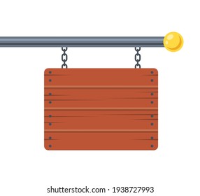 Advertising Wooden Sign Hanging On A Metal Pole. Flat Vector Illustration.