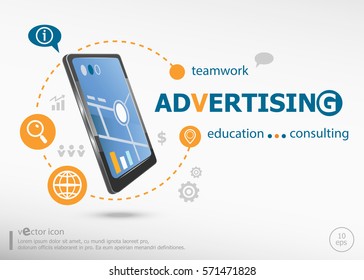 Advertising word cloud concept and realistic smartphone black color. Infographic business for graphic or web design layout