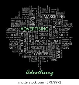 ADVERTISING. Word collage on black background. Illustration with different association terms.