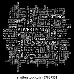 ADVERTISING. Word collage on black background. Illustration with different association terms.