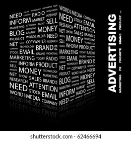 ADVERTISING. Word collage on black background. Illustration with different association terms.