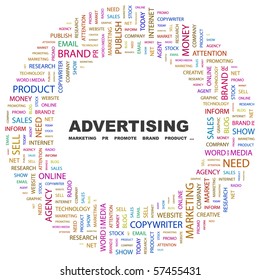 ADVERTISING. Word collage on white background. Illustration with different association terms.