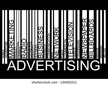 Advertising word tag cloud concept in barcode with supporting words, modern. Word tag cloud bar code,  vector