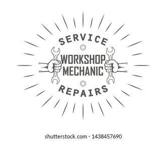 Advertising workshop. Hand with key and text. Black and white illustration.