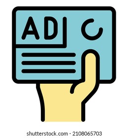 Publicidad en el icono de la mano. Esbozo publicitario en el color del icono del vector de mano aislado