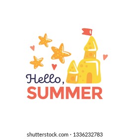 Advertizing "Hello summer" vector banner template with cartoon style sandcastle, hearts and starfish. Cute handrawn doodle illustration. Banner for the beach season and summer.