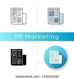 Advertorial icon. Native advertisement in newspaper. News for engagement. Journalist article to promote brand. Editorial press. Linear black and RGB color styles. Isolated vector illustrations