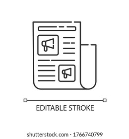 Icono lineal perfecto de píxel publicitario. Publicidad nativa en el periódico. Noticias de compromiso. Ilustración personalizable de línea delgada. Símbolo de contorno. Dibujo de contorno aislado del vector. Trazo editable