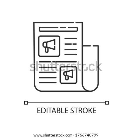 Advertorial pixel perfect linear icon. Native advertisement in newspaper. News for engagement. Thin line customizable illustration. Contour symbol. Vector isolated outline drawing. Editable stroke