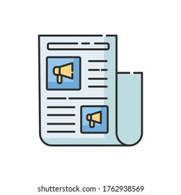 Advertorial RGB color icon. Native advertisement in newspaper. News for engagement. Journalist article to promote brand. Editorial press. Post publication. Isolated vector illustration