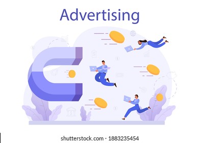 Advertsing concept. Commercial advertisement and communication with customer idea. Marketing campaign and out-of-home promotiom. Isolated flat vector illustration