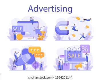 Advertsing concept set. Commercial advertisement and communication with customer idea. Marketing campaign and out-of-home promotiom. Isolated flat vector illustration