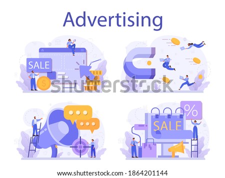 Advertsing concept set. Commercial advertisement and communication with customer idea. Marketing campaign and out-of-home promotiom. Isolated flat vector illustration