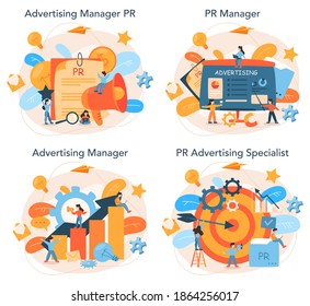 Conjunto de conceptos de gestor de publicidad. Publicidad comercial y comunicación con la idea del cliente. El especialista en marketing crea una marca única de una empresa. Ilustración vectorial plana aislada