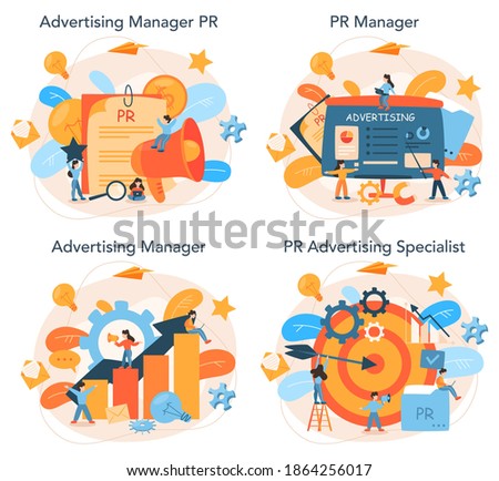 Advertsing manager concept set. Commercial advertisement and communication with customer idea. Marketing specialist create unique brand of a company. Isolated flat vector illustration
