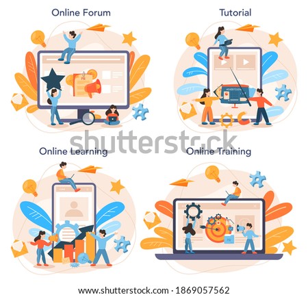 Advertsing manager online service or platform set. Commercial advertisement and communication with customer idea. Online forum, tutorial, learning, training. Flat vector illustration