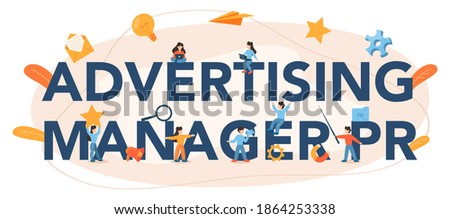 Advertsing manager typographic header. Commercial advertisement and communication with customer idea. Marketing specialist create unique brand of a company. Isolated flat vector illustration