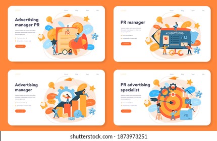 Advertsing manager web banner or landing page set. Commercial advertisement and communication with customer idea. Marketing specialist create unique brand of a company. Flat vector illustration