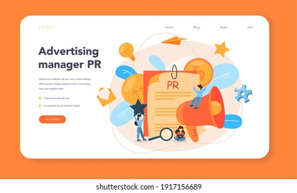 Advertsing manager web banner or landing page. Commercial advertisement and communication with customer idea. Marketing specialist create unique brand of a company. Flat vector illustration