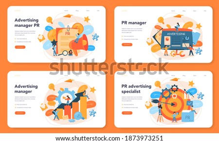 Advertsing manager web banner or landing page set. Commercial advertisement and communication with customer idea. Marketing specialist create unique brand of a company. Flat vector illustration