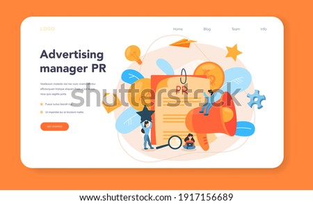 Advertsing manager web banner or landing page. Commercial advertisement and communication with customer idea. Marketing specialist create unique brand of a company. Flat vector illustration