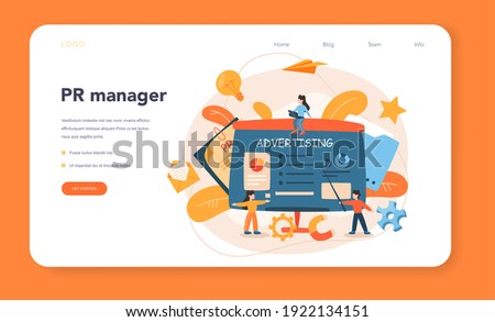 Advertsing manager web banner or landing page. Commercial advertisement and communication with customer idea. Marketing specialist create unique brand of a company. Flat vector illustration