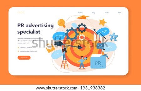 Advertsing manager web banner or landing page. Commercial advertisement and communication with customer idea. Marketing specialist create unique brand of a company. Flat vector illustration