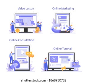 Publicidad en línea o conjunto de plataformas. Publicidad comercial y comunicación con la idea del cliente. Tutorial en línea, marketing, consulta, video lección. Ilustración vectorial plana aislada
