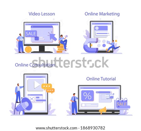 Advertsing online service or platform set. Commercial advertisement and communication with customer idea. Online tutorial, marketing, consultation, video lesson. Isolated flat vector illustration
