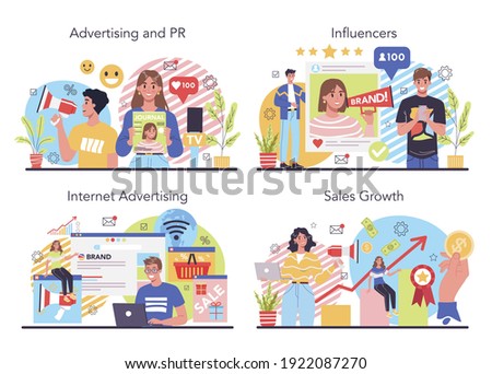 Advertsing and PR concept set. Commercial advertisement and communication with customer through the Internet. Marketing campaign and influencer promotion. Flat vector illustration